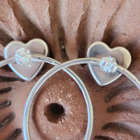 Native American Sterling Silver Turquoise Large Heart Stamped Hoop Earrings - Picture 6 of 7